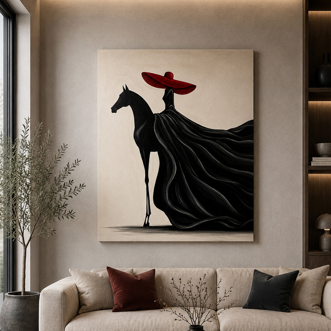 Lady & Black Horse canvas wall art