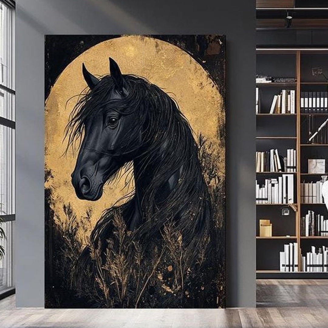 Golden Black Horse canvas wall art